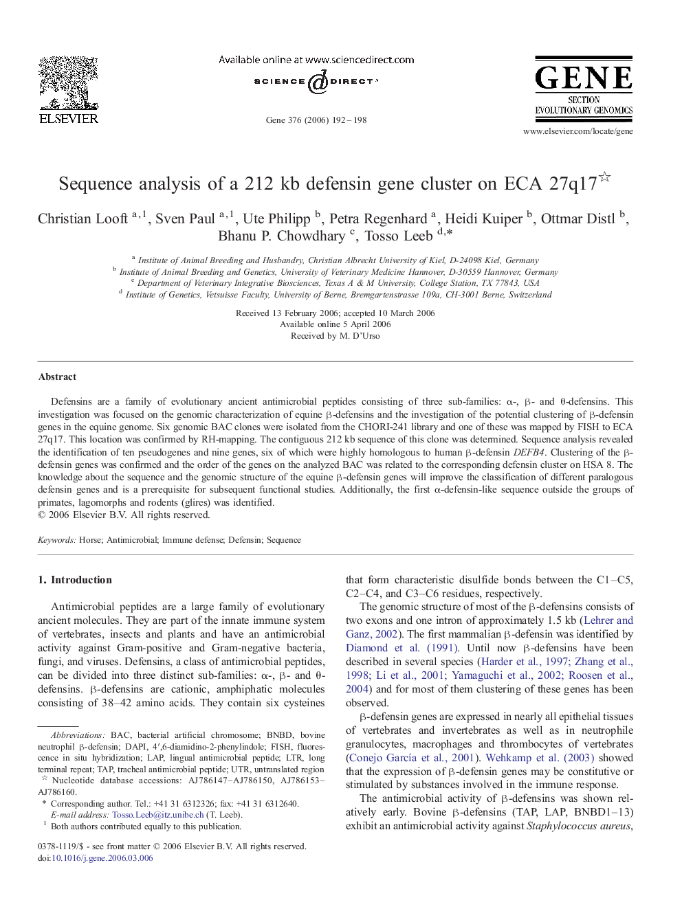 Sequence analysis of a 212 kb defensin gene cluster on ECA 27q17 