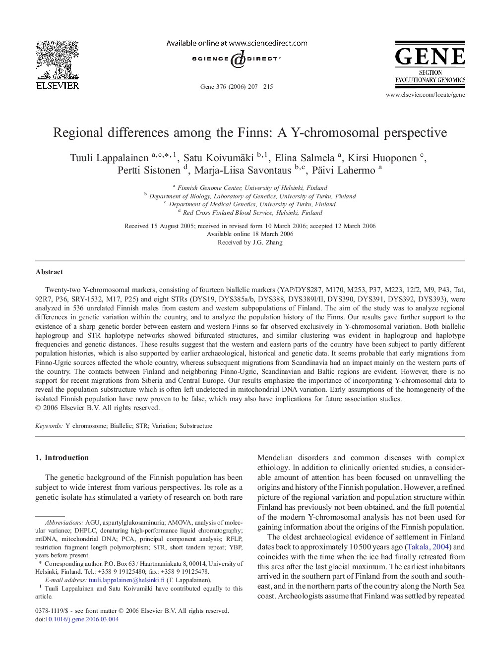 Regional differences among the Finns: A Y-chromosomal perspective