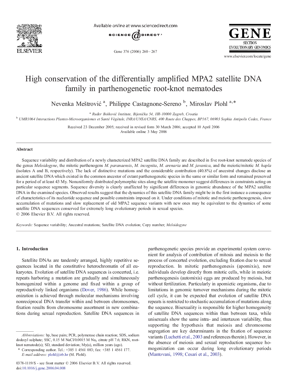 High conservation of the differentially amplified MPA2 satellite DNA family in parthenogenetic root-knot nematodes