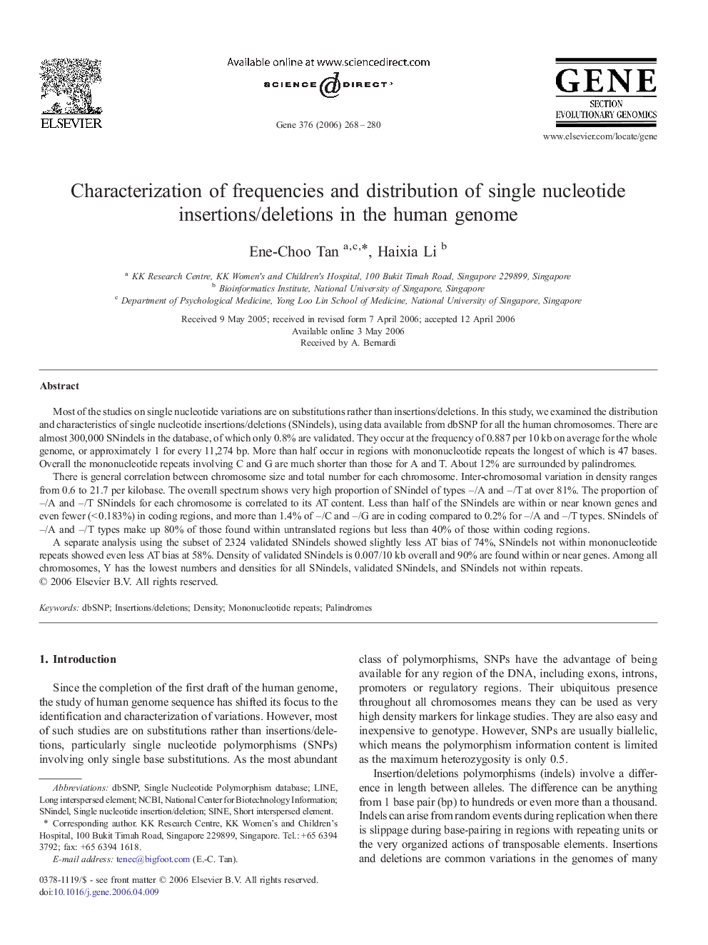 Characterization of frequencies and distribution of single nucleotide insertions/deletions in the human genome