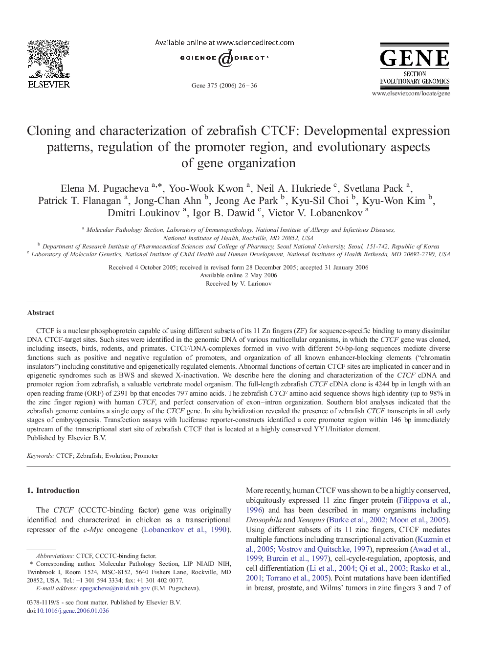 Cloning and characterization of zebrafish CTCF: Developmental expression patterns, regulation of the promoter region, and evolutionary aspects of gene organization