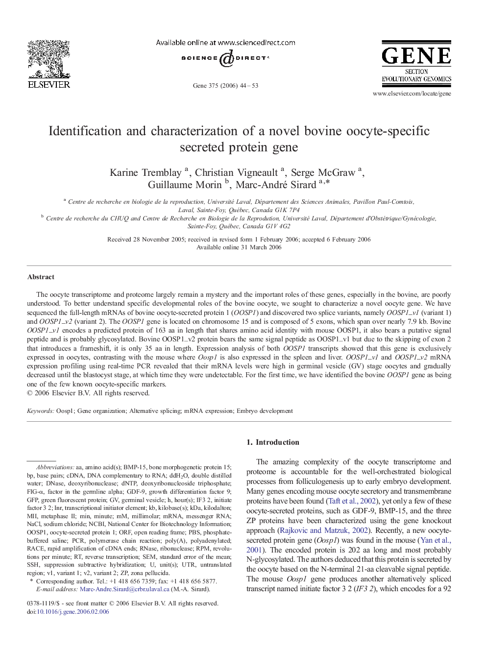 Identification and characterization of a novel bovine oocyte-specific secreted protein gene