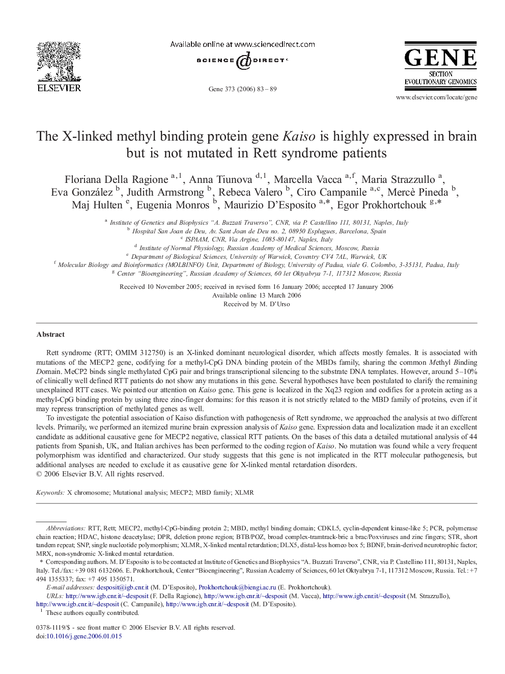 The X-linked methyl binding protein gene Kaiso is highly expressed in brain but is not mutated in Rett syndrome patients