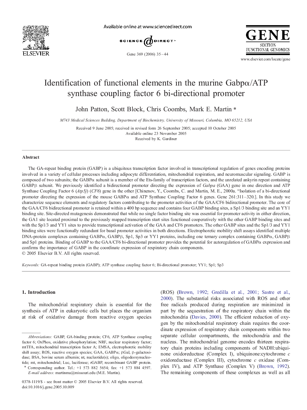 Identification of functional elements in the murine Gabpα/ATP synthase coupling factor 6 bi-directional promoter