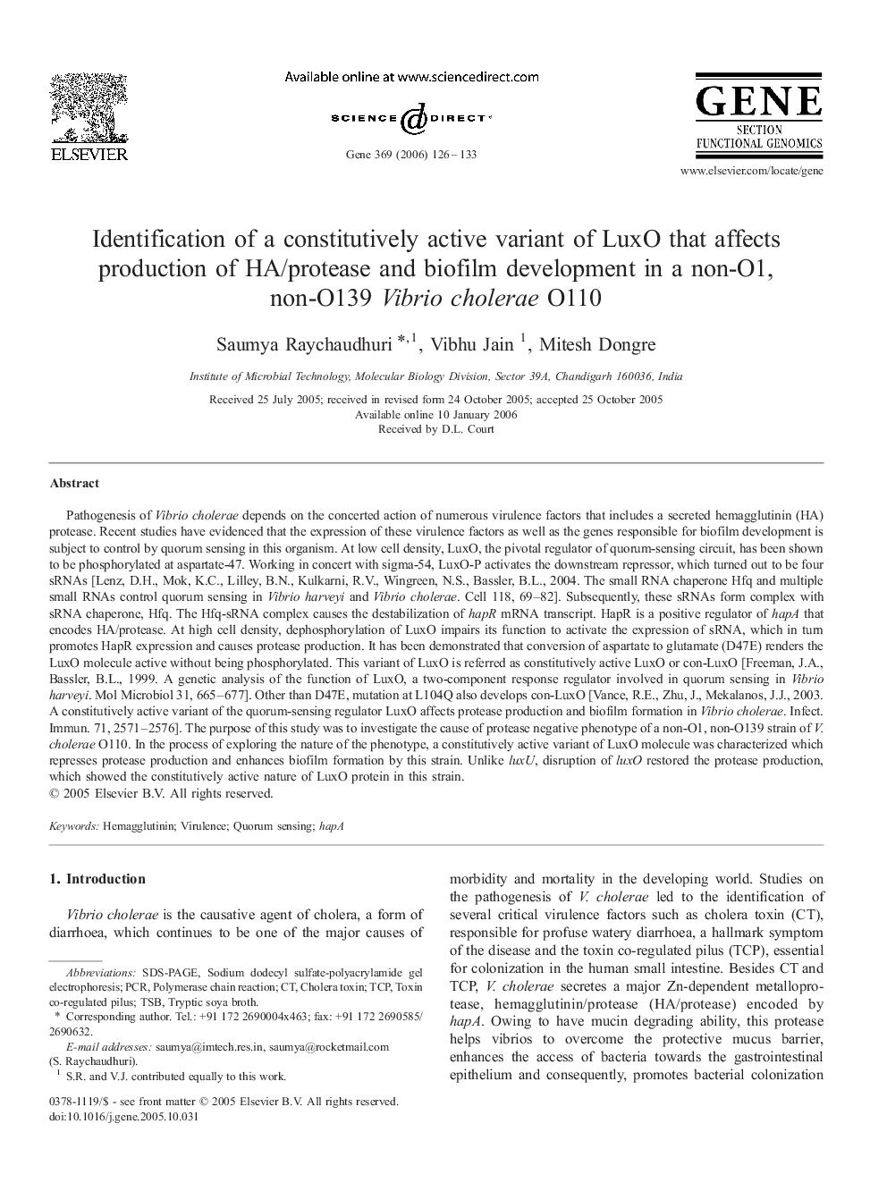 Identification of a constitutively active variant of LuxO that affects production of HA/protease and biofilm development in a non-O1, non-O139 Vibrio cholerae O110