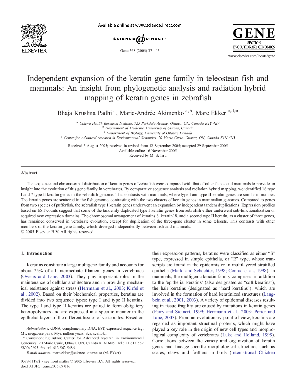 Independent expansion of the keratin gene family in teleostean fish and mammals: An insight from phylogenetic analysis and radiation hybrid mapping of keratin genes in zebrafish