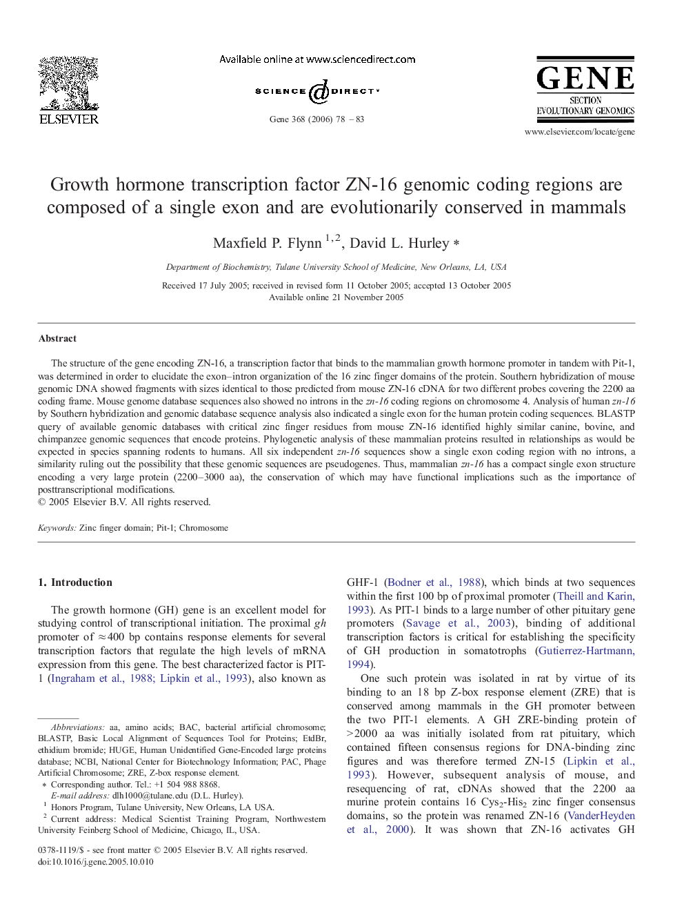 Growth hormone transcription factor ZN-16 genomic coding regions are composed of a single exon and are evolutionarily conserved in mammals