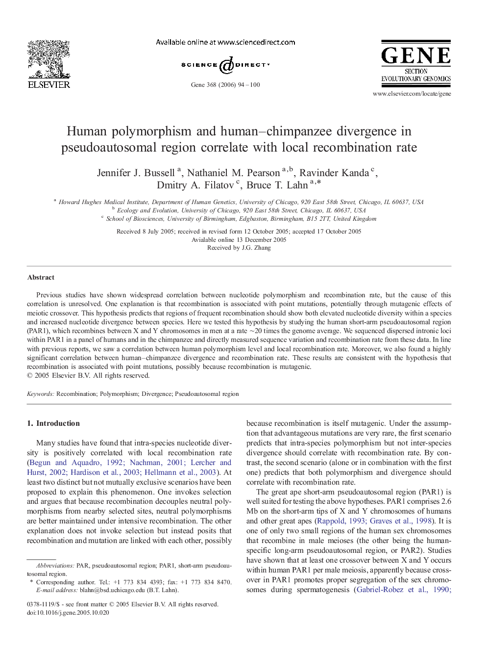 Human polymorphism and human–chimpanzee divergence in pseudoautosomal region correlate with local recombination rate