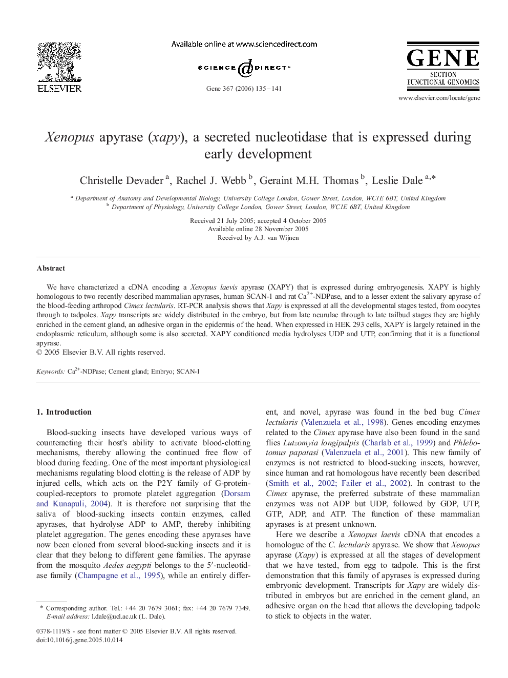 Xenopus apyrase (xapy), a secreted nucleotidase that is expressed during early development