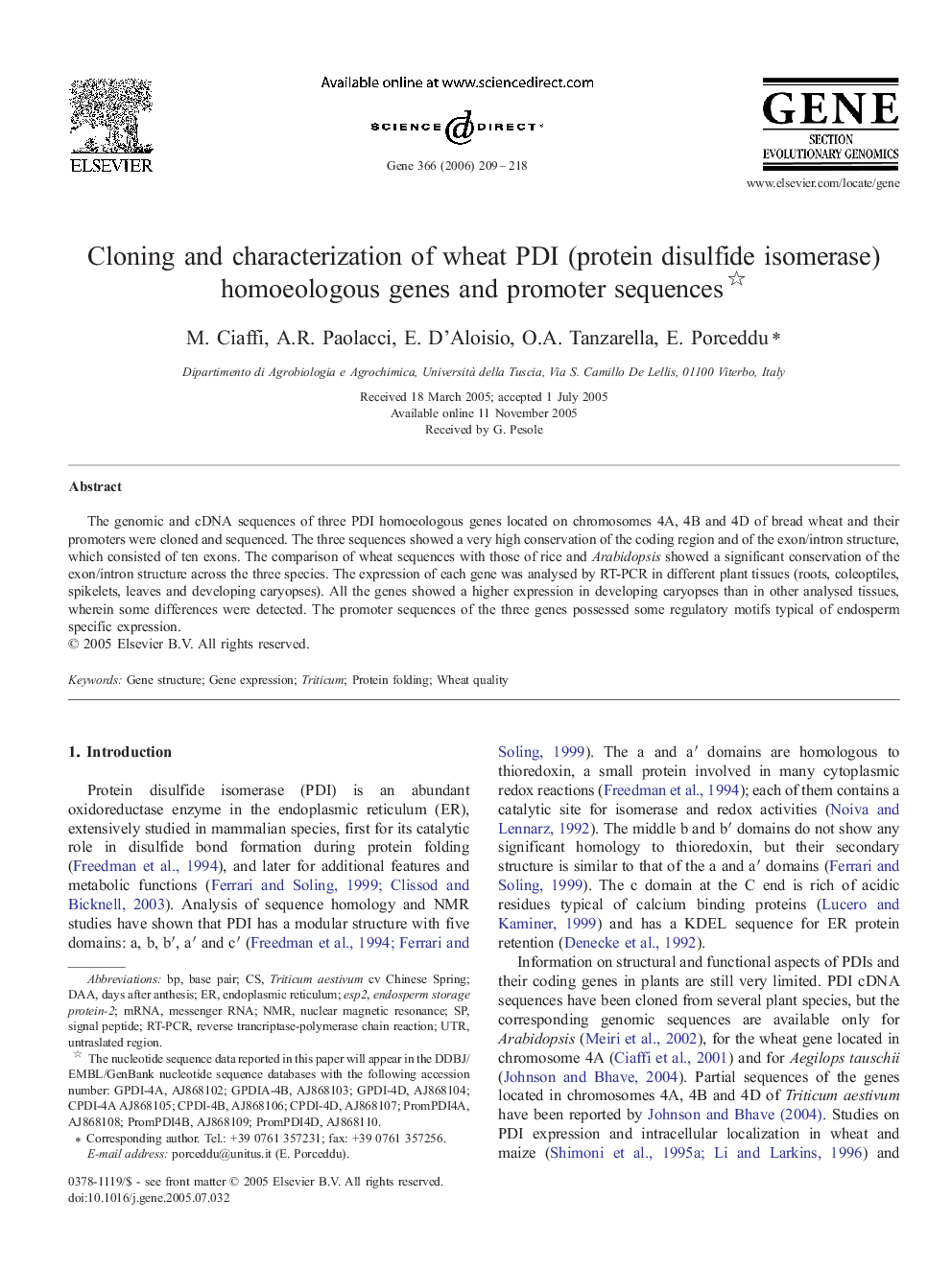 Cloning and characterization of wheat PDI (protein disulfide isomerase) homoeologous genes and promoter sequences 