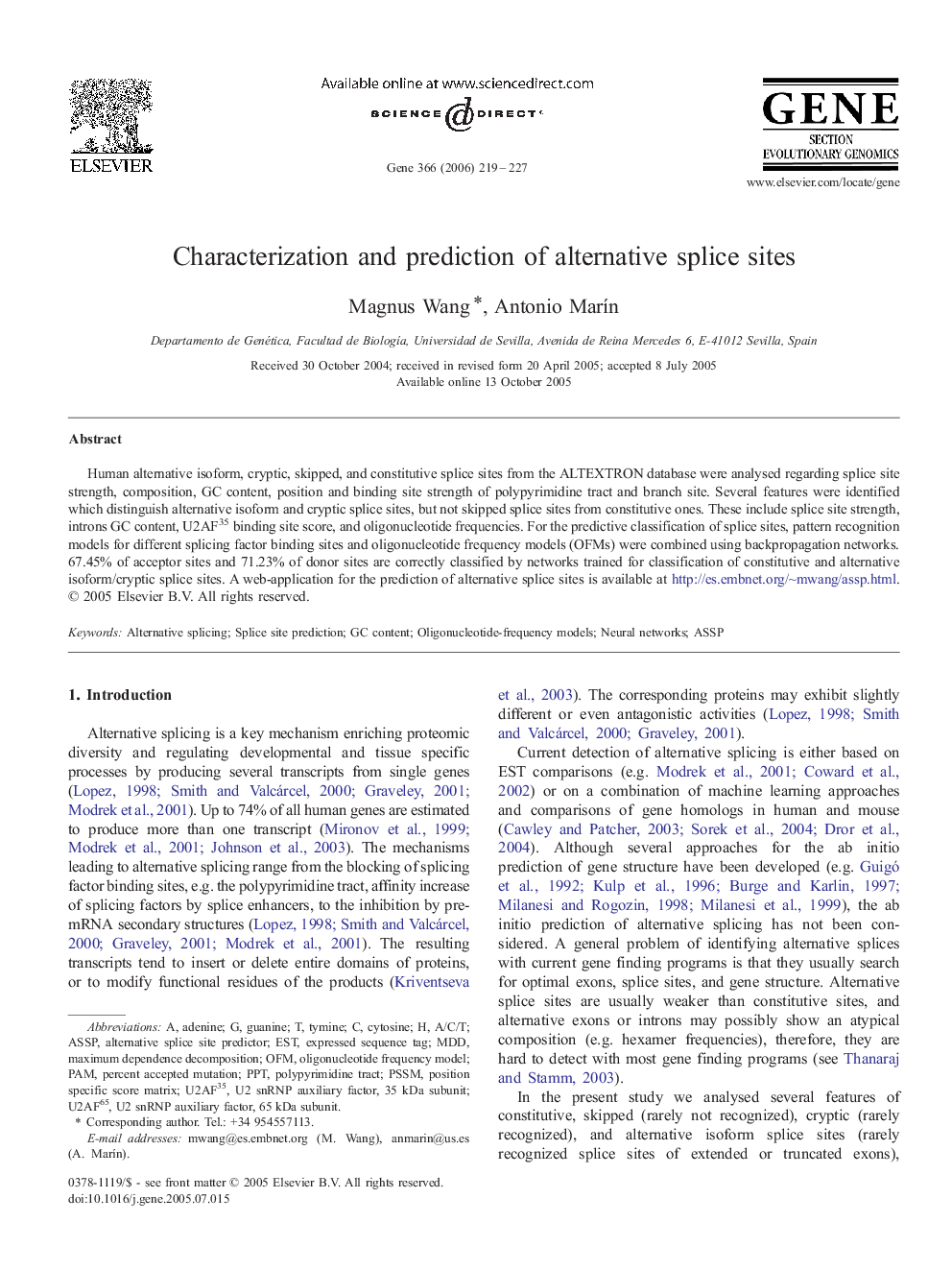 Characterization and prediction of alternative splice sites