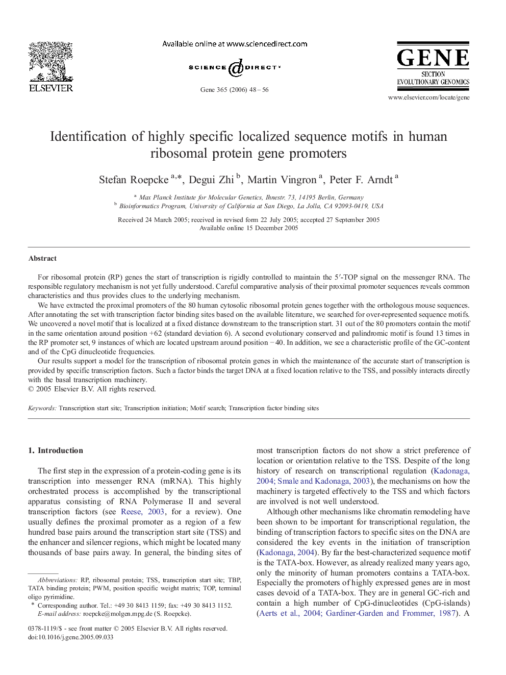 Identification of highly specific localized sequence motifs in human ribosomal protein gene promoters