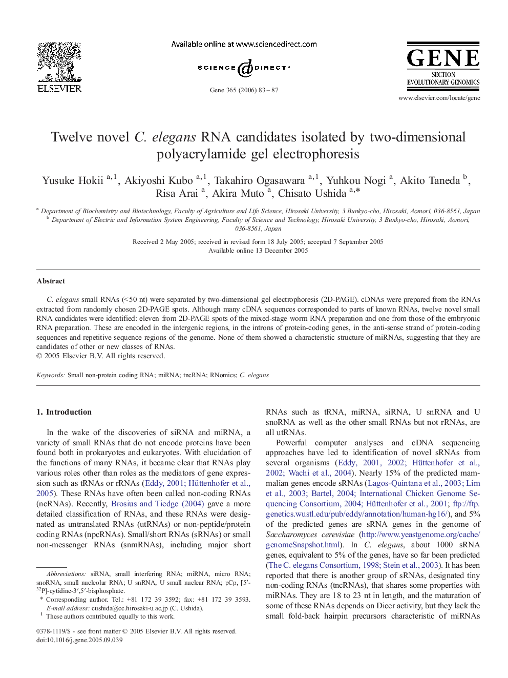 Twelve novel C. elegans RNA candidates isolated by two-dimensional polyacrylamide gel electrophoresis