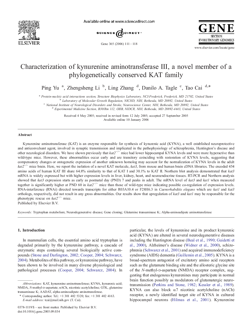 Characterization of kynurenine aminotransferase III, a novel member of a phylogenetically conserved KAT family