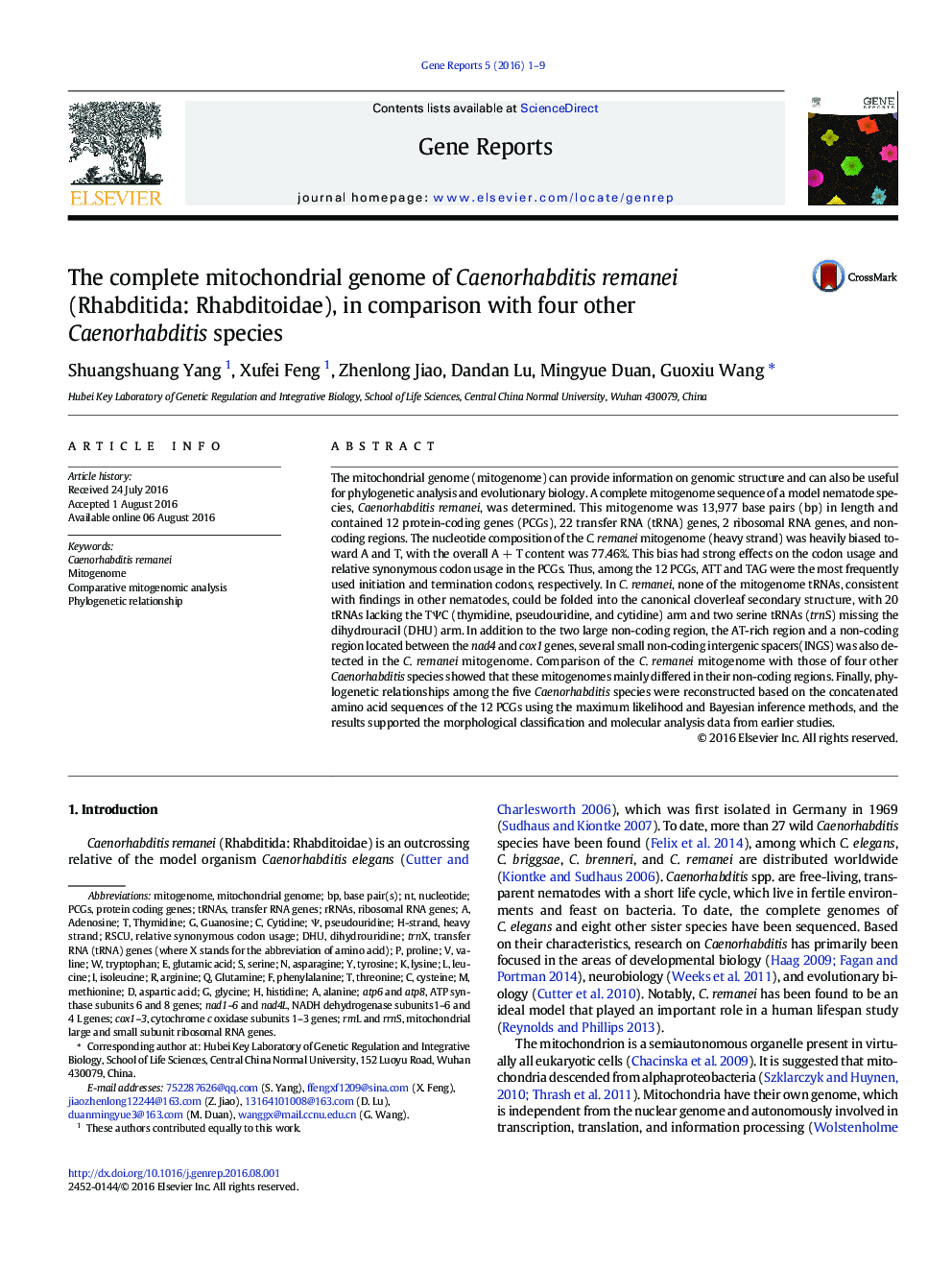 The complete mitochondrial genome of Caenorhabditis remanei (Rhabditida: Rhabditoidae), in comparison with four other Caenorhabditis species