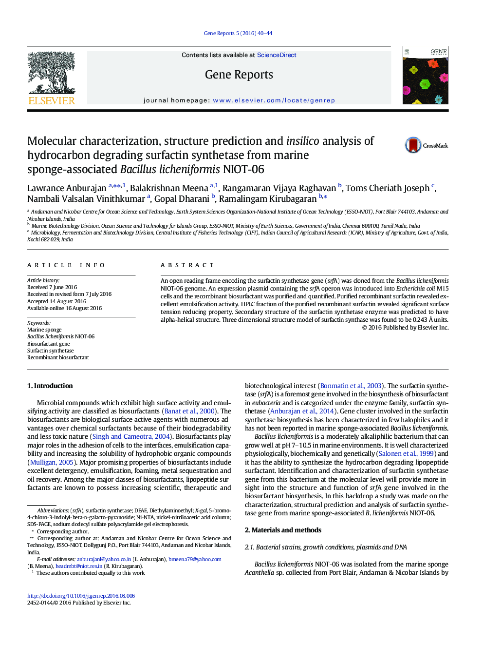 Molecular characterization, structure prediction and insilico analysis of hydrocarbon degrading surfactin synthetase from marine sponge-associated Bacillus licheniformis NIOT-06