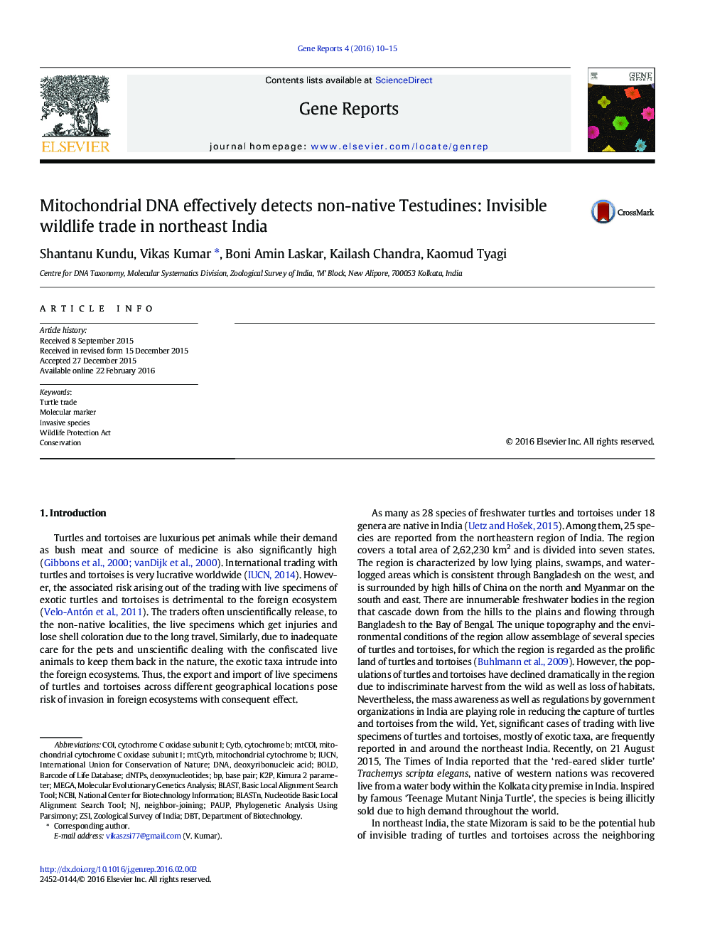 Mitochondrial DNA effectively detects non-native Testudines: Invisible wildlife trade in northeast India