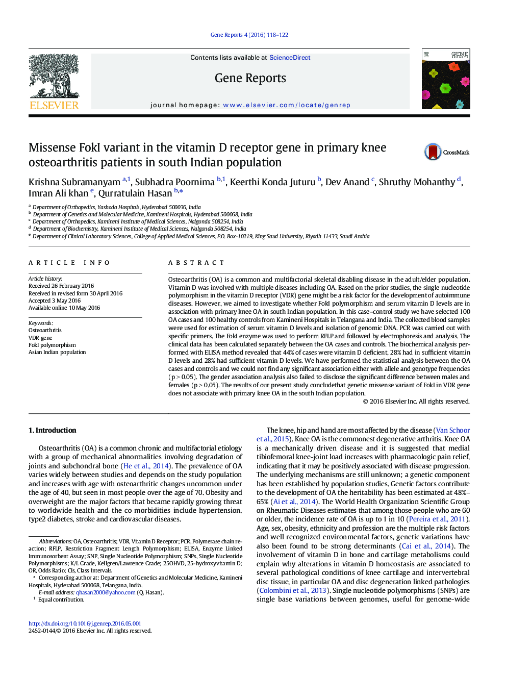 Missense FokI variant in the vitamin D receptor gene in primary knee osteoarthritis patients in south Indian population