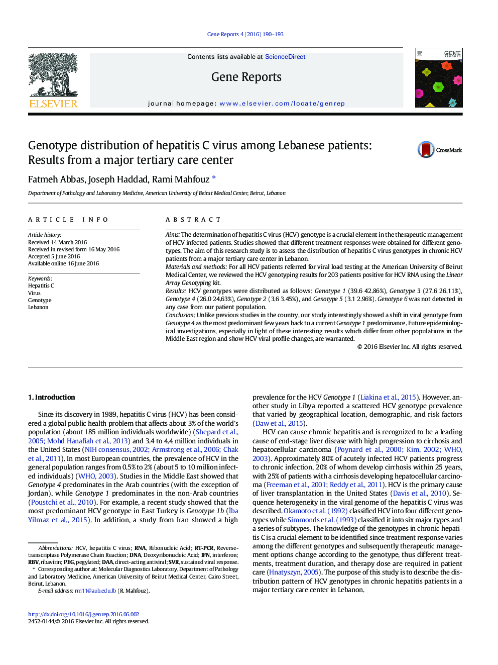 Genotype distribution of hepatitis C virus among Lebanese patients: Results from a major tertiary care center