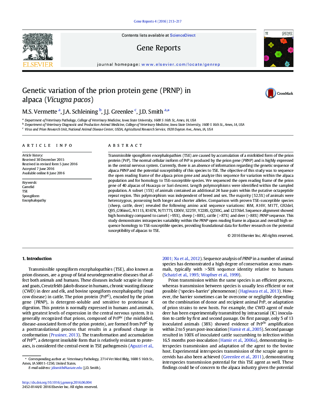 Genetic variation of the prion protein gene (PRNP) in alpaca (Vicugna pacos)