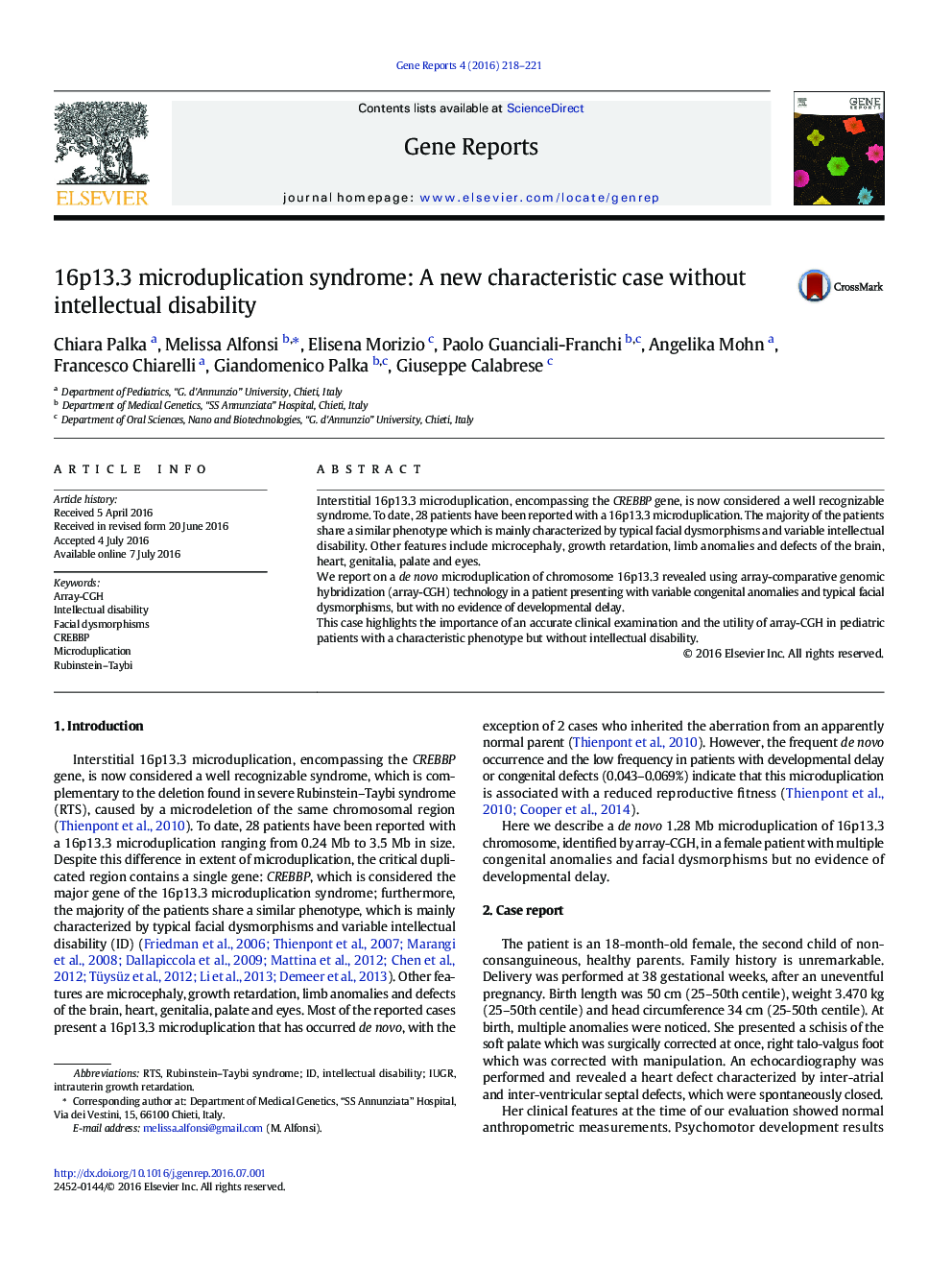 16p13.3 microduplication syndrome: A new characteristic case without intellectual disability