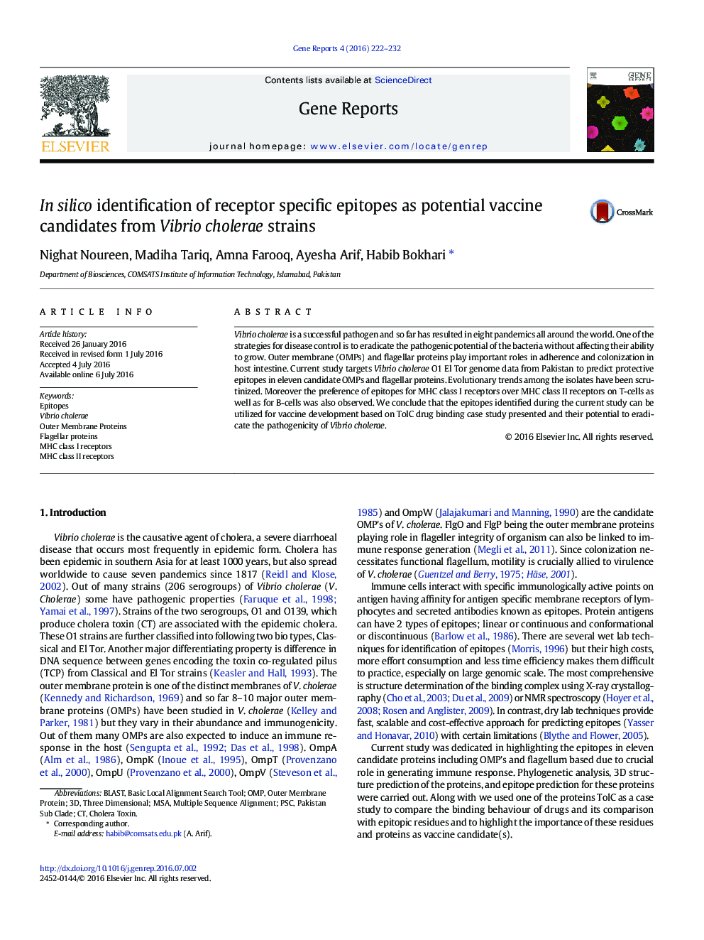 In silico identification of receptor specific epitopes as potential vaccine candidates from Vibrio cholerae strains