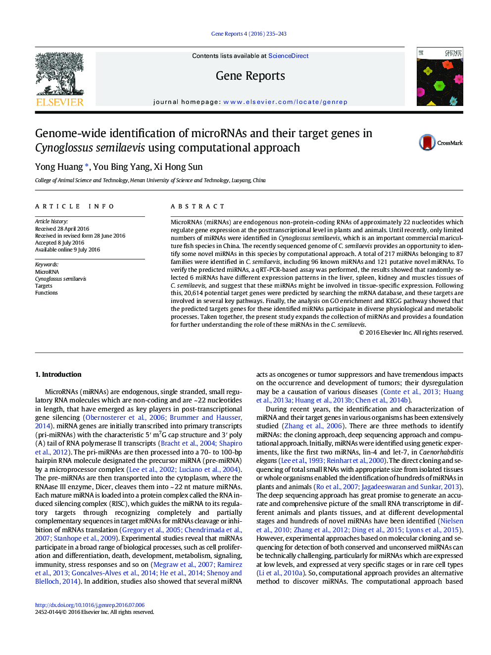 Genome-wide identification of microRNAs and their target genes in Cynoglossus semilaevis using computational approach