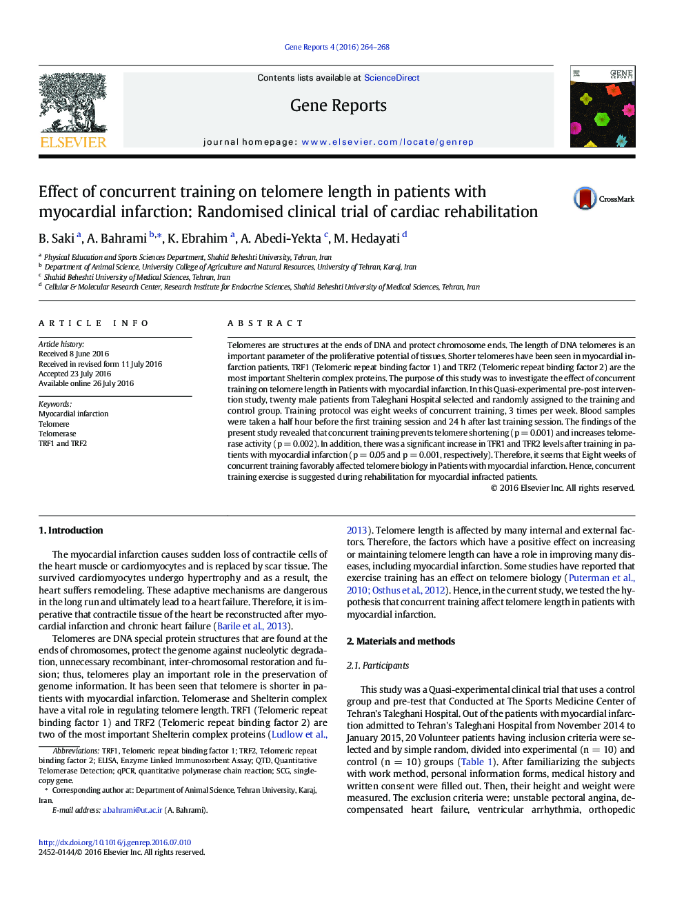 Effect of concurrent training on telomere length in patients with myocardial infarction: Randomised clinical trial of cardiac rehabilitation