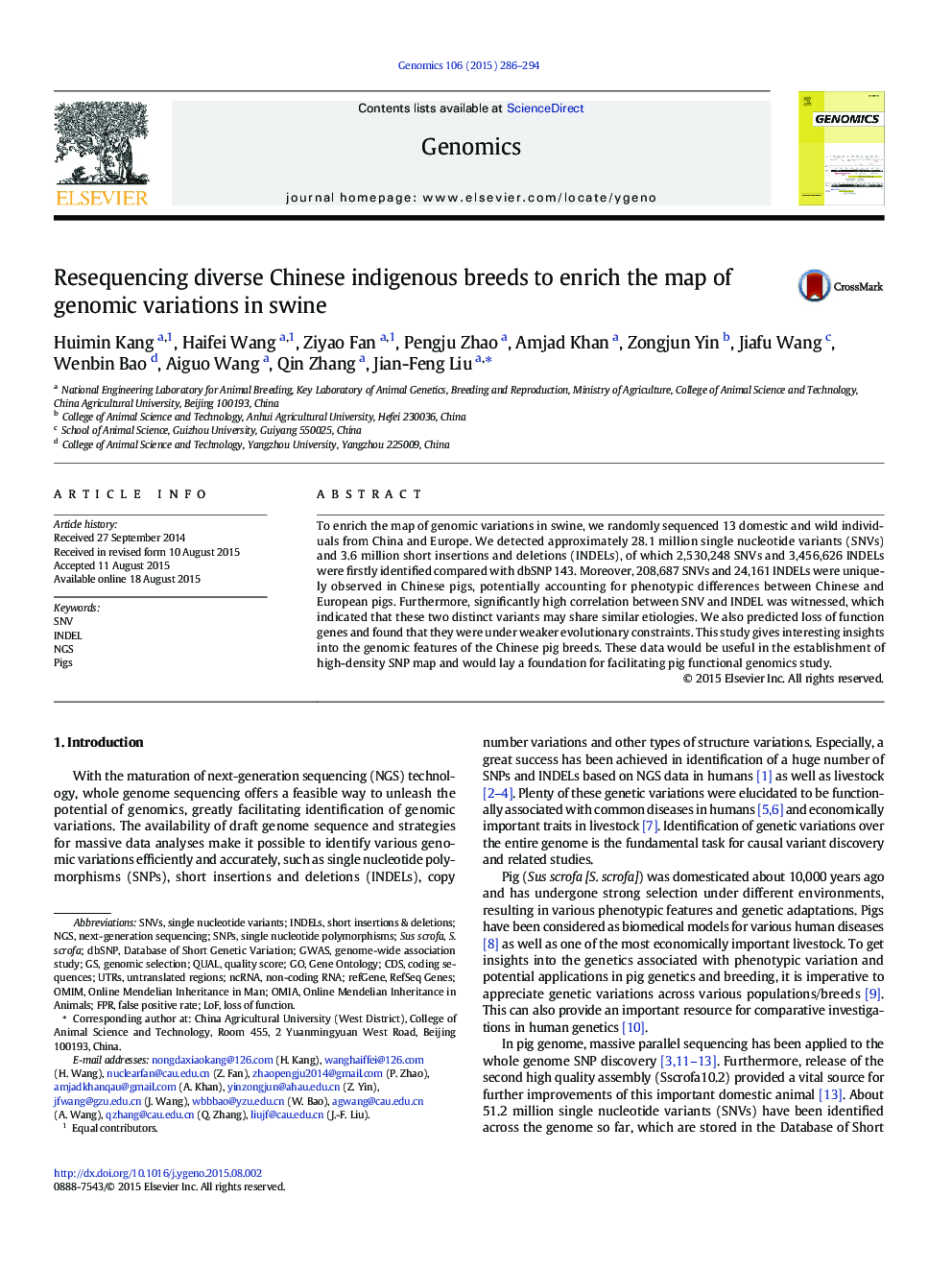 Resequencing diverse Chinese indigenous breeds to enrich the map of genomic variations in swine