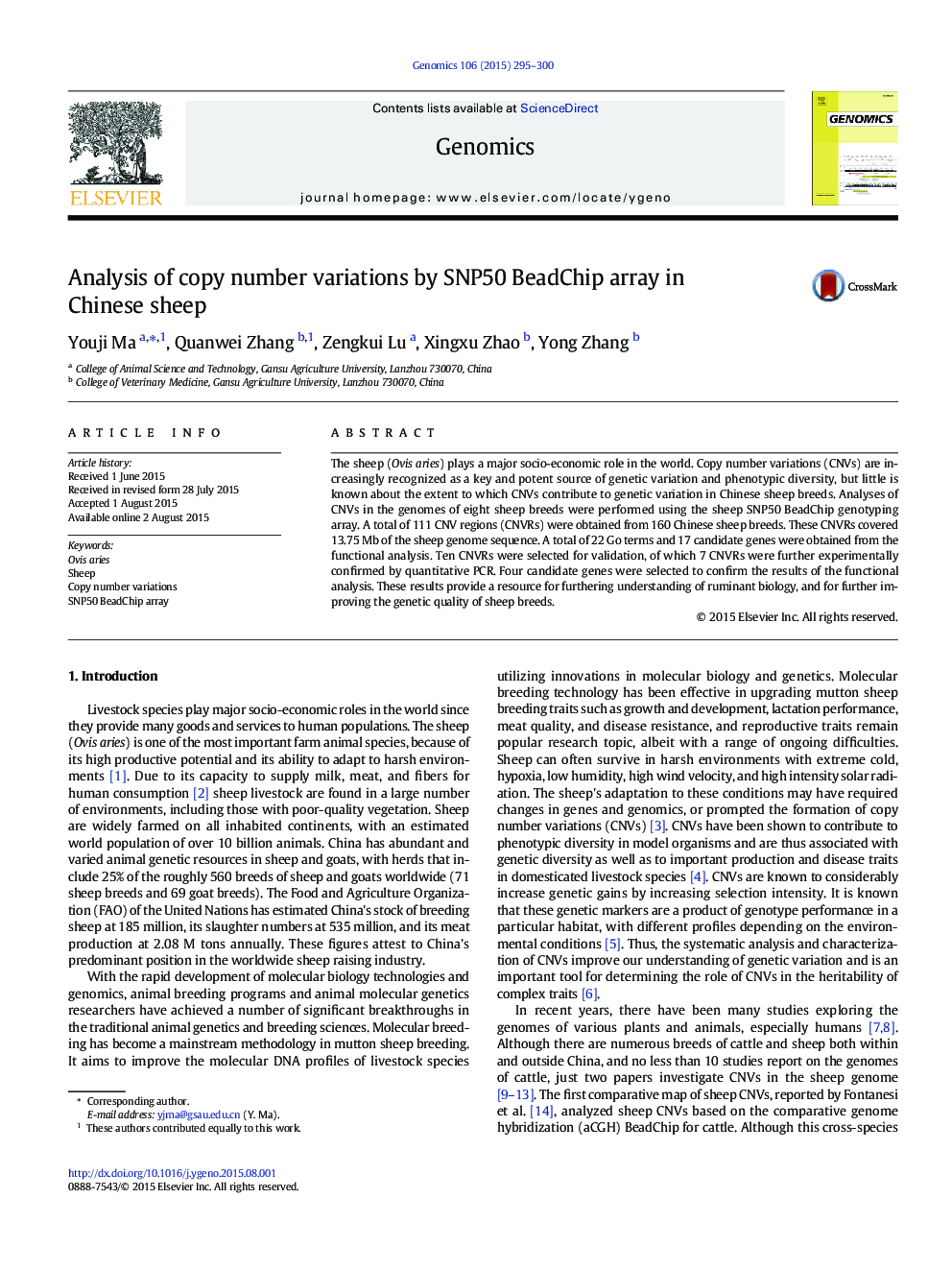 Analysis of copy number variations by SNP50 BeadChip array in Chinese sheep