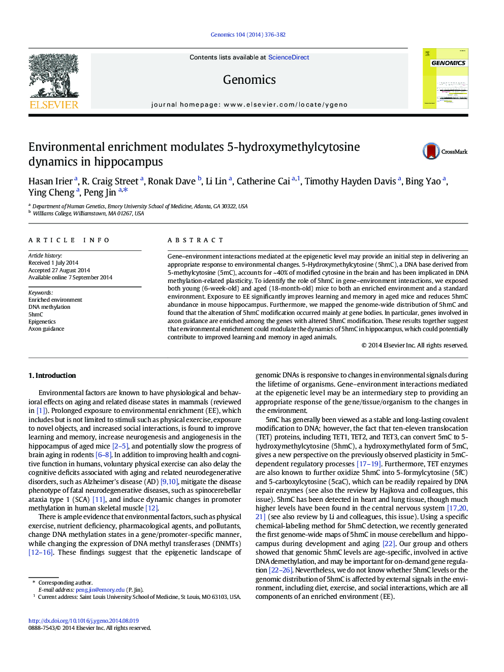 Environmental enrichment modulates 5-hydroxymethylcytosine dynamics in hippocampus