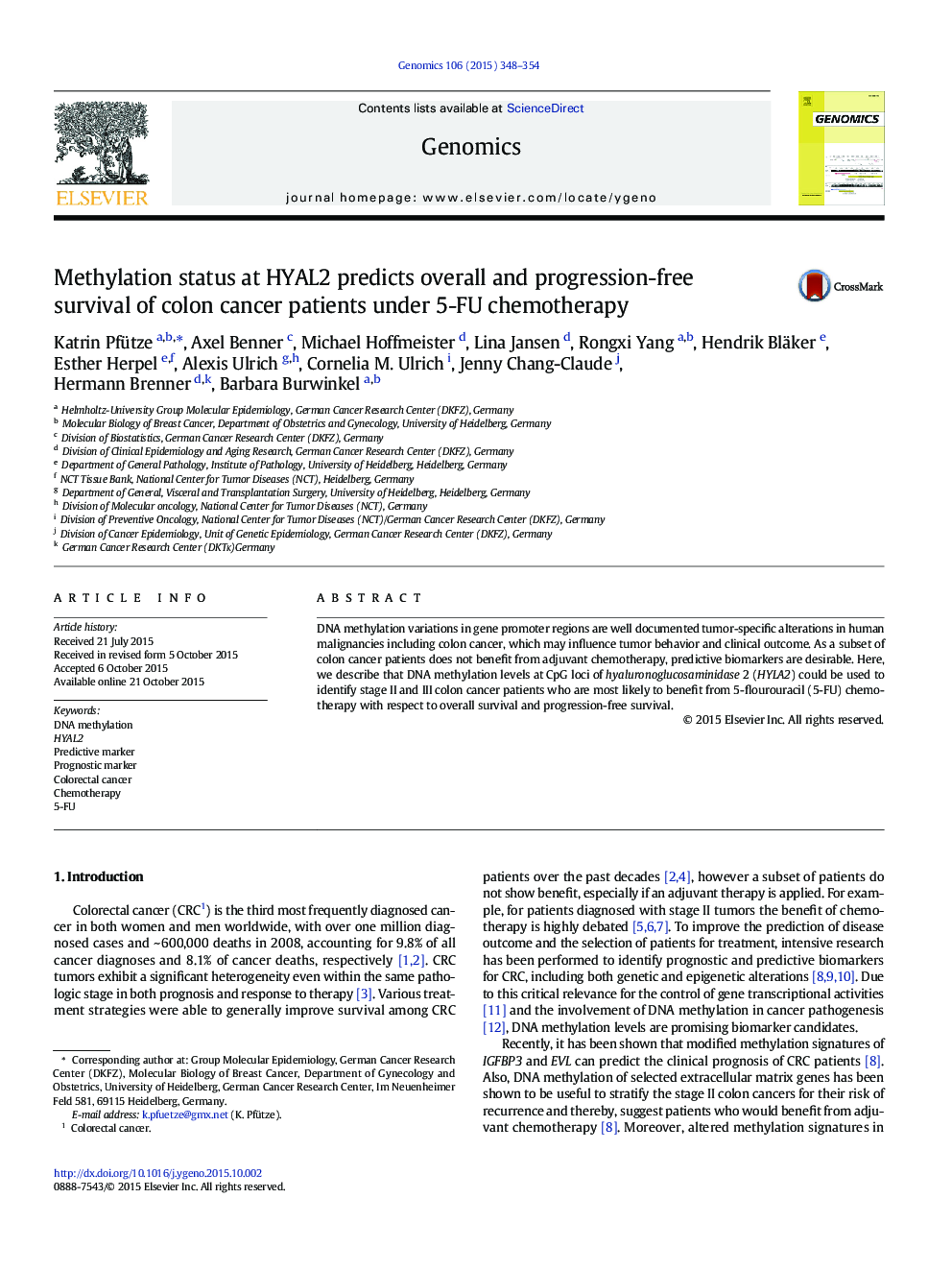 Methylation status at HYAL2 predicts overall and progression-free survival of colon cancer patients under 5-FU chemotherapy