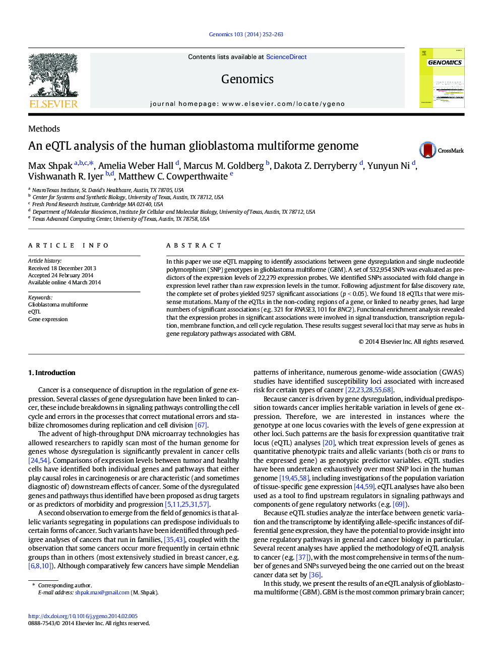 An eQTL analysis of the human glioblastoma multiforme genome