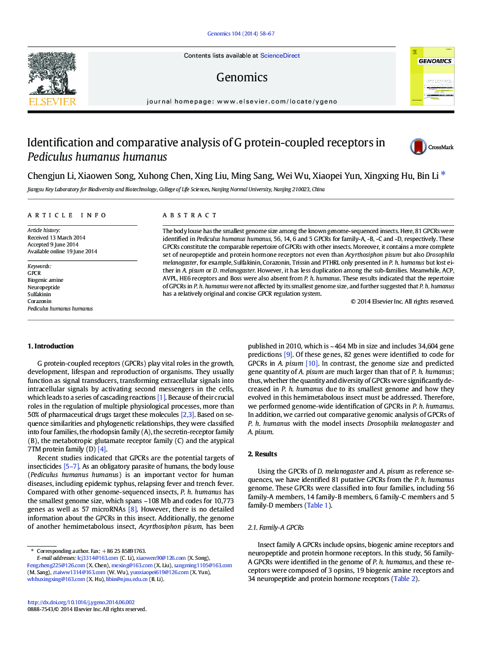 Identification and comparative analysis of G protein-coupled receptors in Pediculus humanus humanus