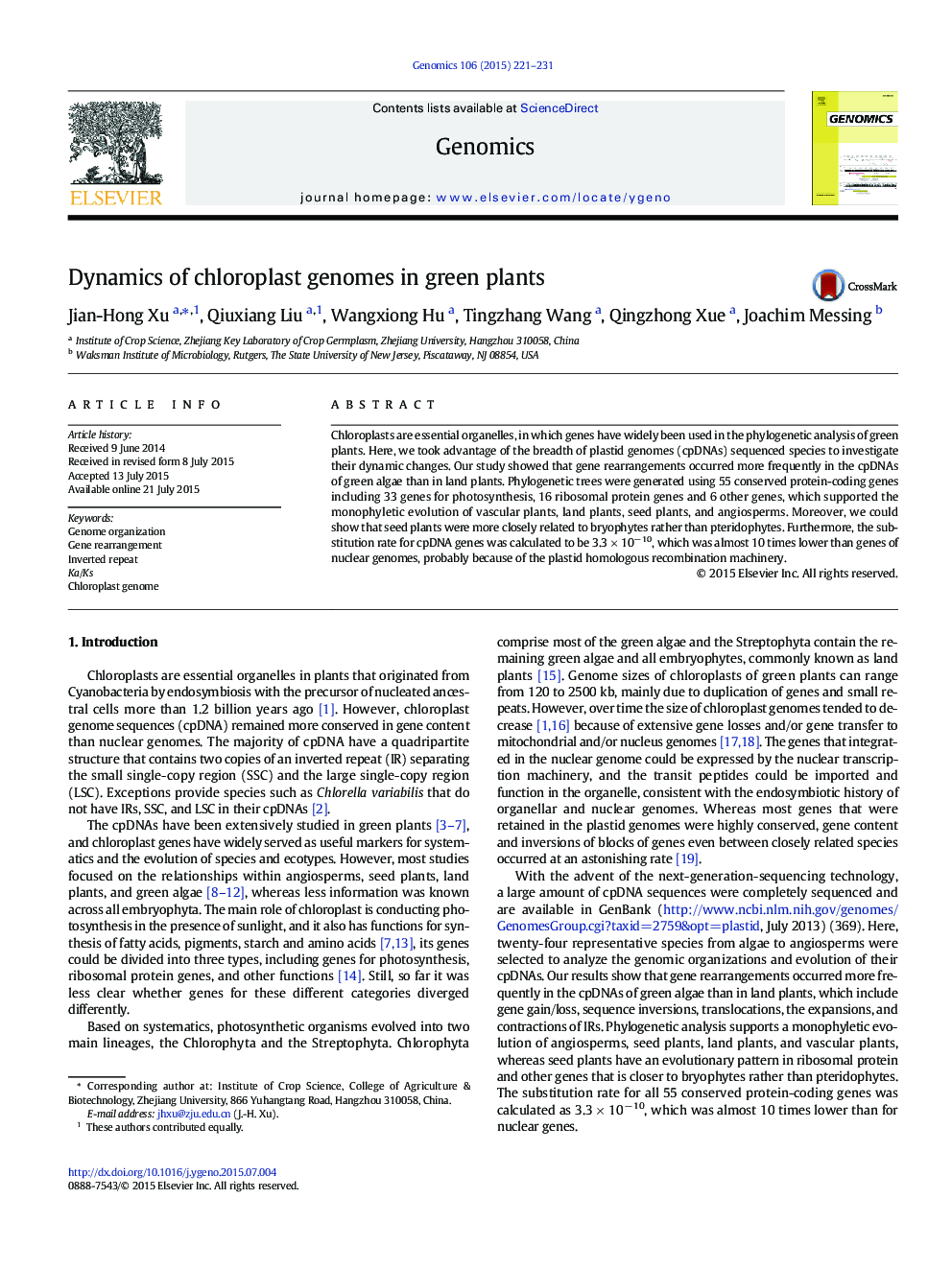 Dynamics of chloroplast genomes in green plants