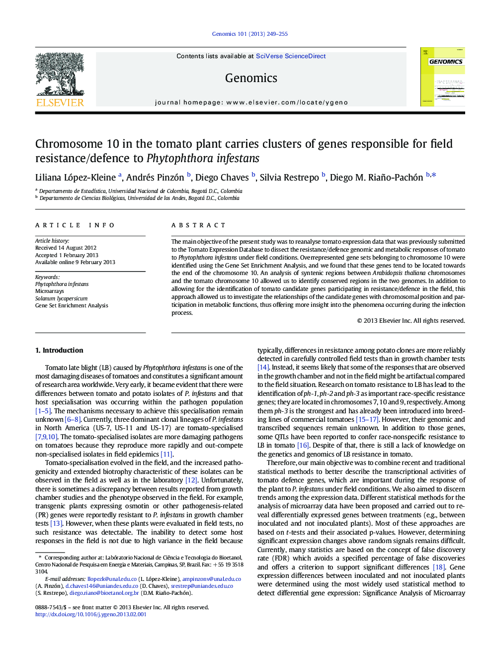 Chromosome 10 in the tomato plant carries clusters of genes responsible for field resistance/defence to Phytophthora infestans