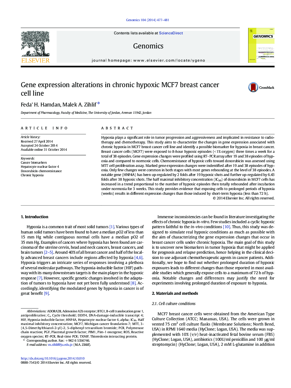 Gene expression alterations in chronic hypoxic MCF7 breast cancer cell line