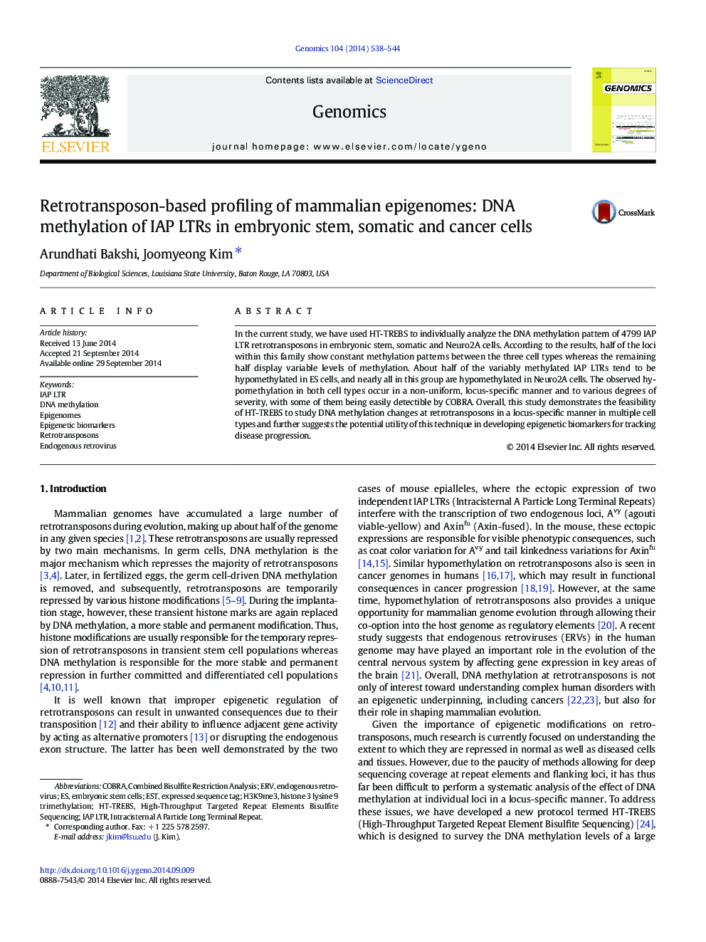 Retrotransposon-based profiling of mammalian epigenomes: DNA methylation of IAP LTRs in embryonic stem, somatic and cancer cells