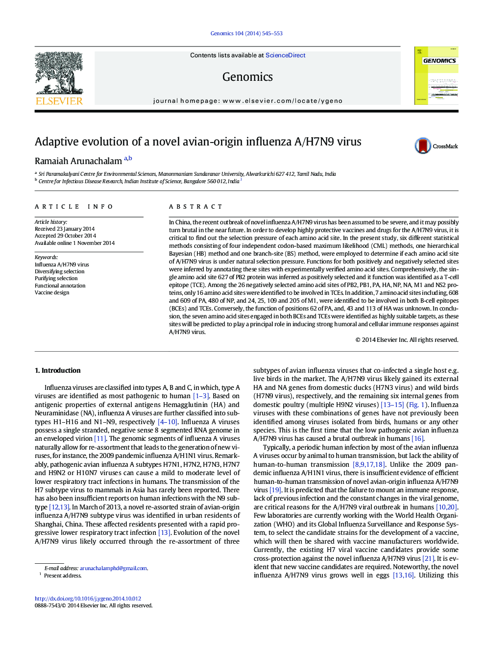 Adaptive evolution of a novel avian-origin influenza A/H7N9 virus