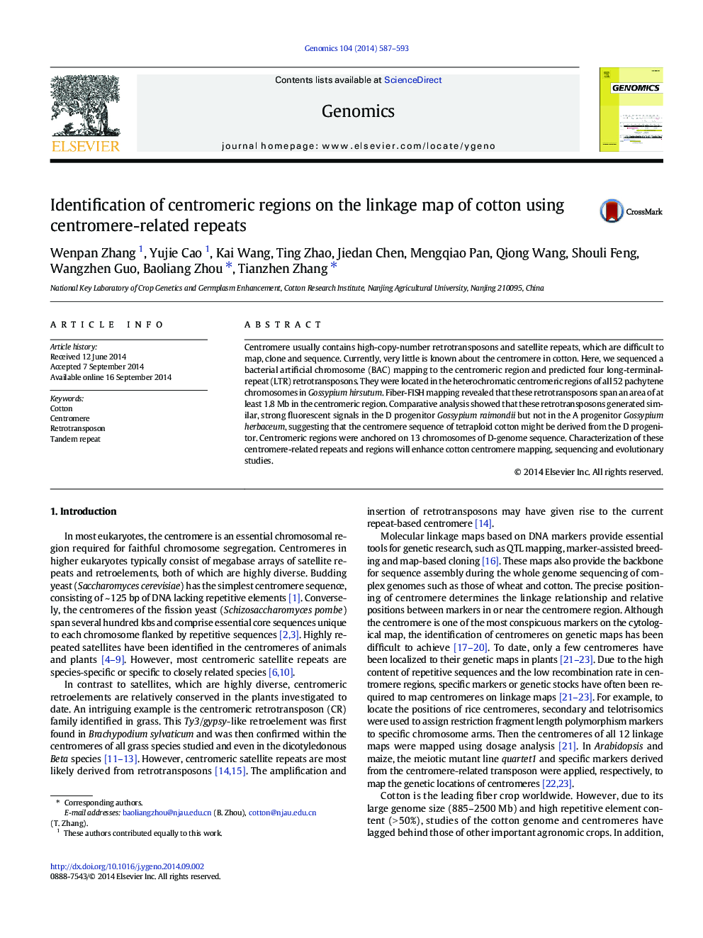 Identification of centromeric regions on the linkage map of cotton using centromere-related repeats