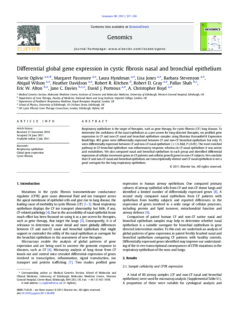 Differential global gene expression in cystic fibrosis nasal and bronchial epithelium