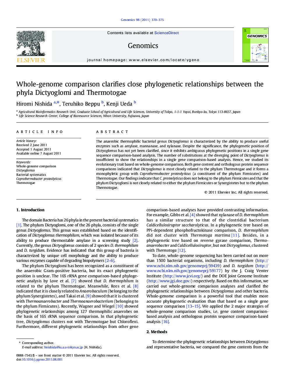 Whole-genome comparison clarifies close phylogenetic relationships between the phyla Dictyoglomi and Thermotogae