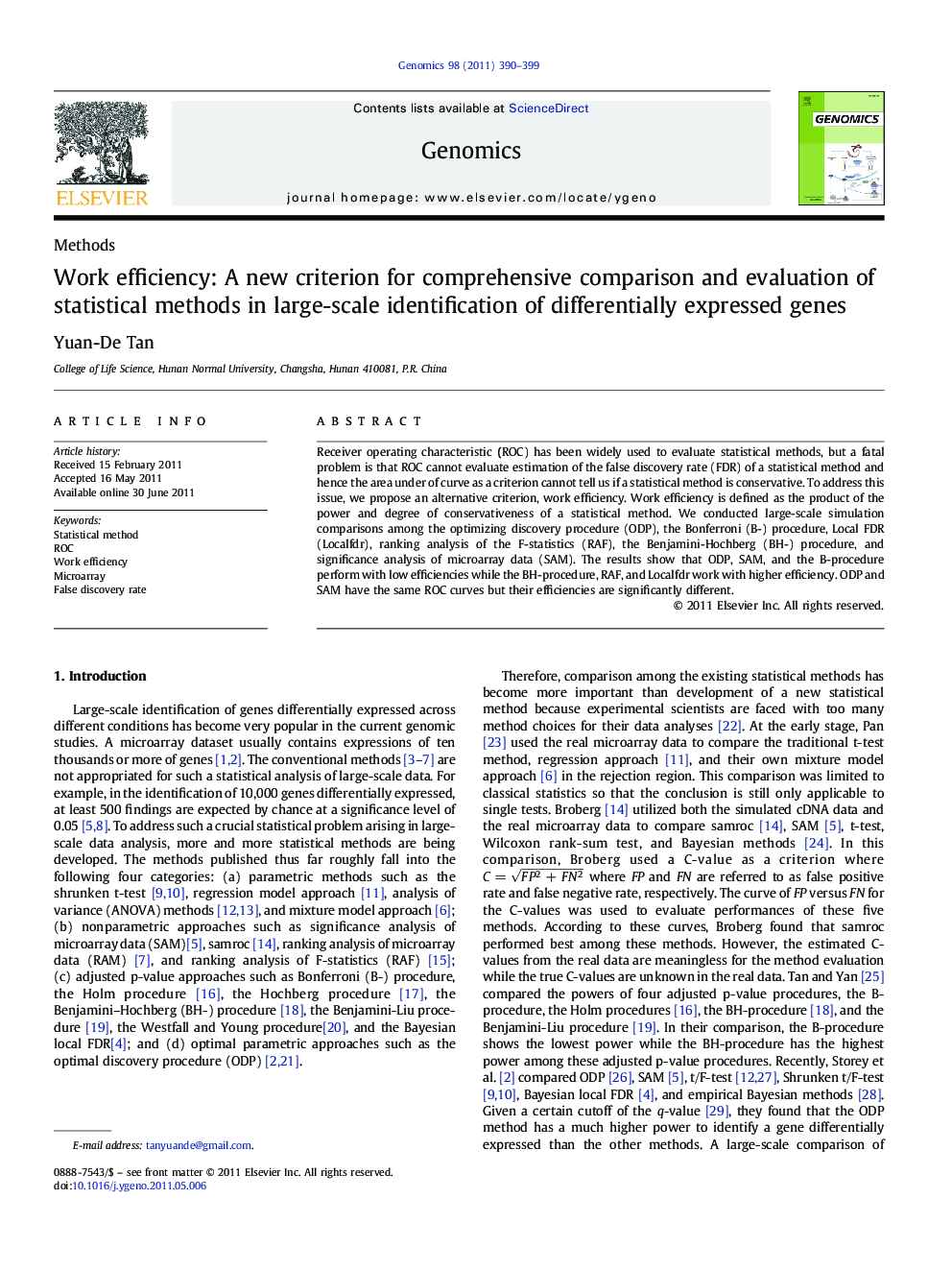 Work efficiency: A new criterion for comprehensive comparison and evaluation of statistical methods in large-scale identification of differentially expressed genes