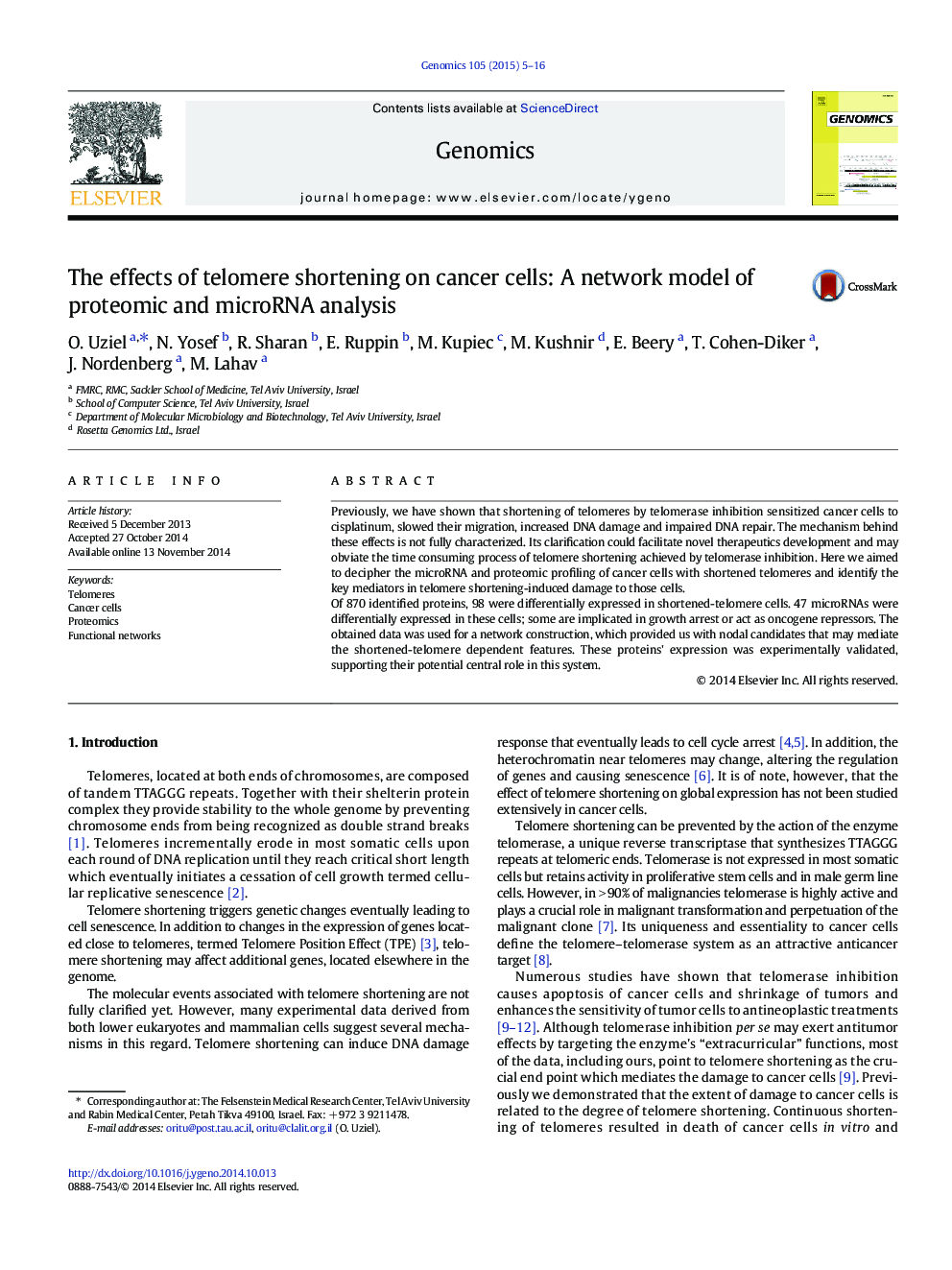 The effects of telomere shortening on cancer cells: A network model of proteomic and microRNA analysis