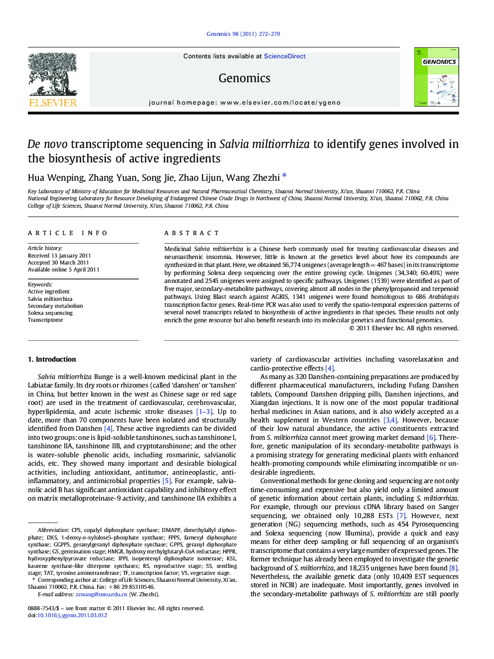 De novo transcriptome sequencing in Salvia miltiorrhiza to identify genes involved in the biosynthesis of active ingredients