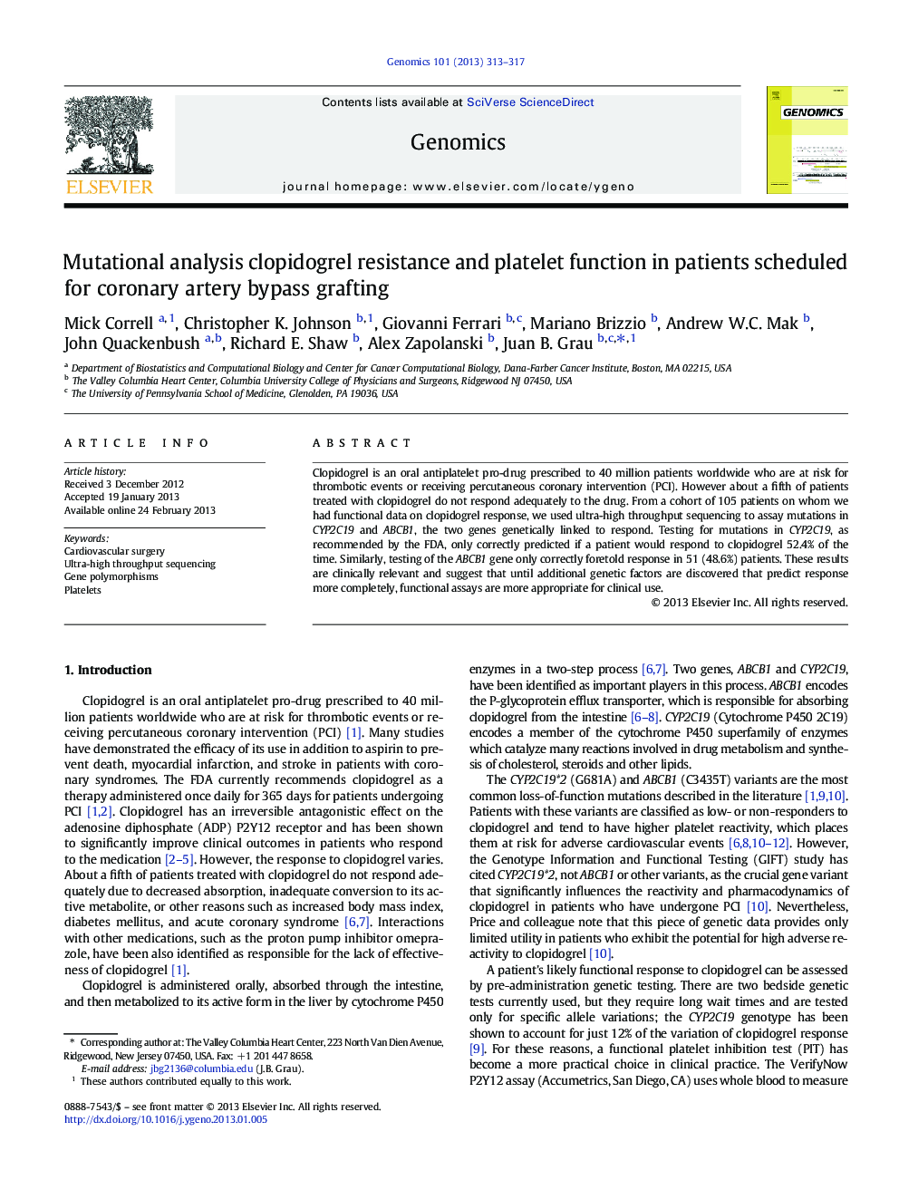 Mutational analysis clopidogrel resistance and platelet function in patients scheduled for coronary artery bypass grafting