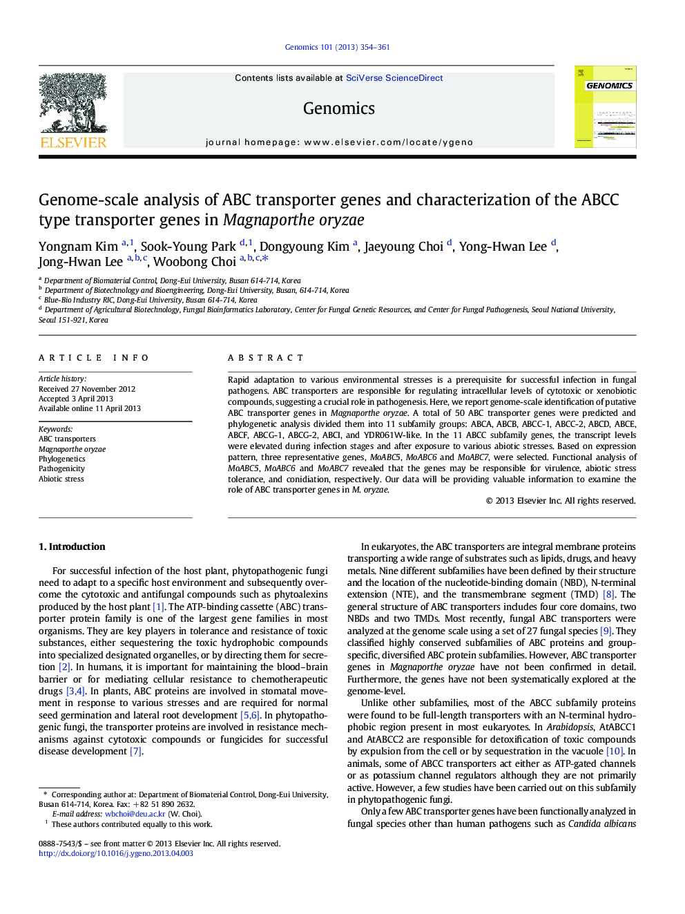Genome-scale analysis of ABC transporter genes and characterization of the ABCC type transporter genes in Magnaporthe oryzae