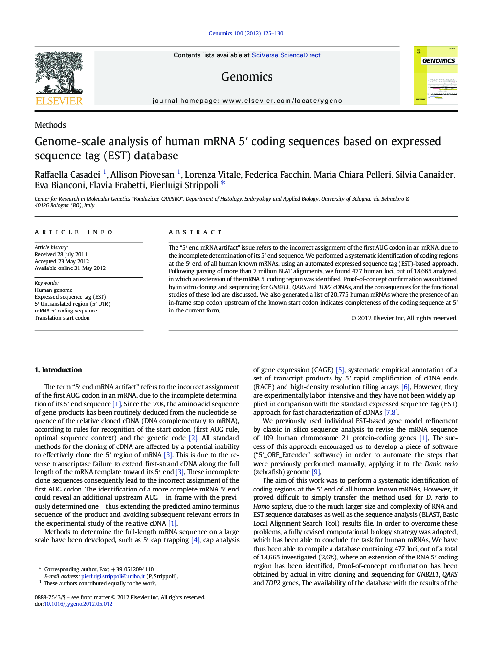 Genome-scale analysis of human mRNA 5′ coding sequences based on expressed sequence tag (EST) database