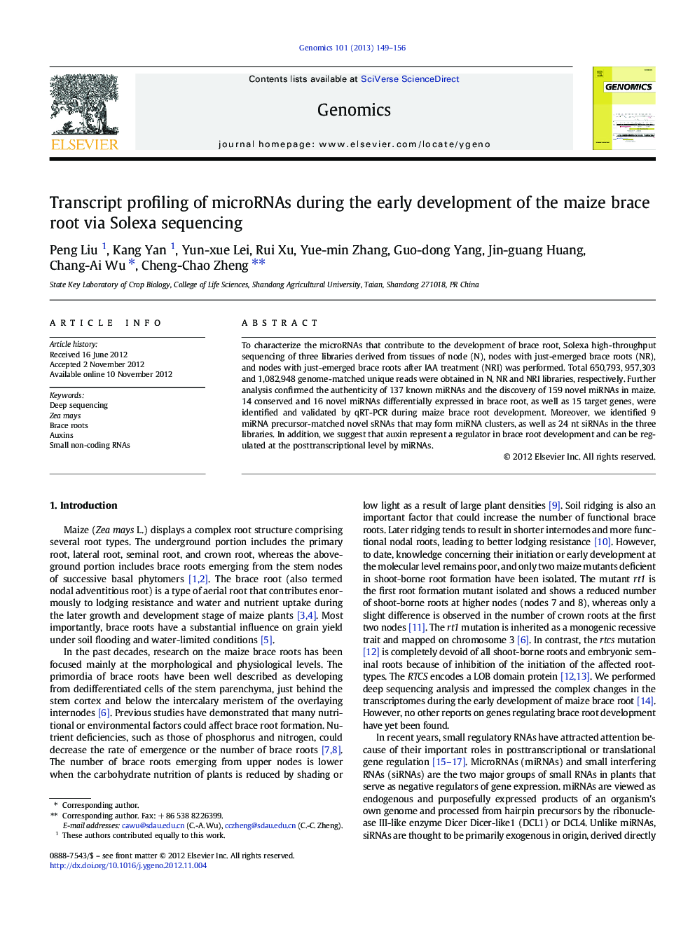 Transcript profiling of microRNAs during the early development of the maize brace root via Solexa sequencing