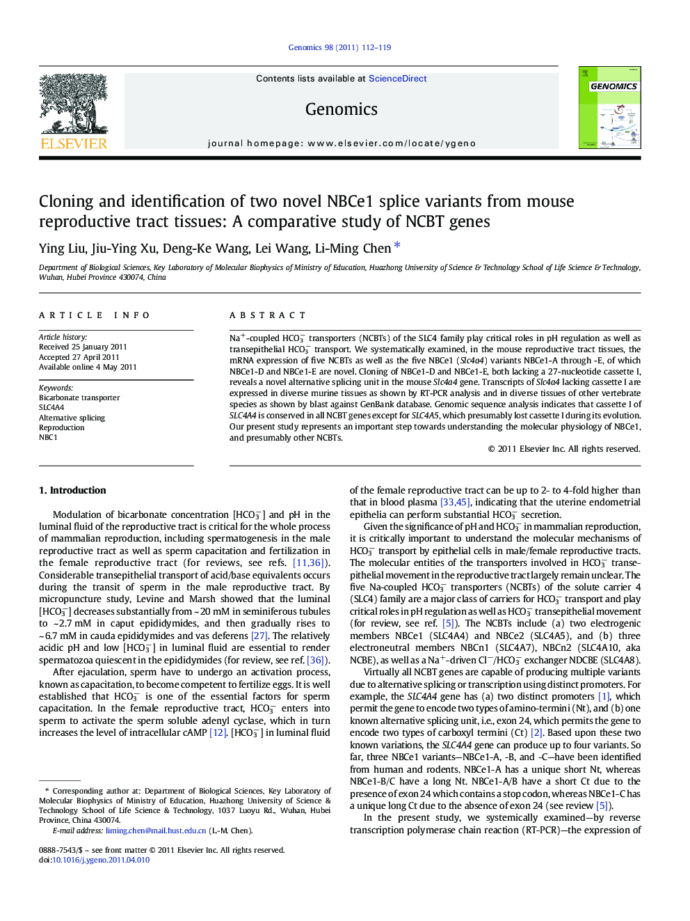 Cloning and identification of two novel NBCe1 splice variants from mouse reproductive tract tissues: A comparative study of NCBT genes